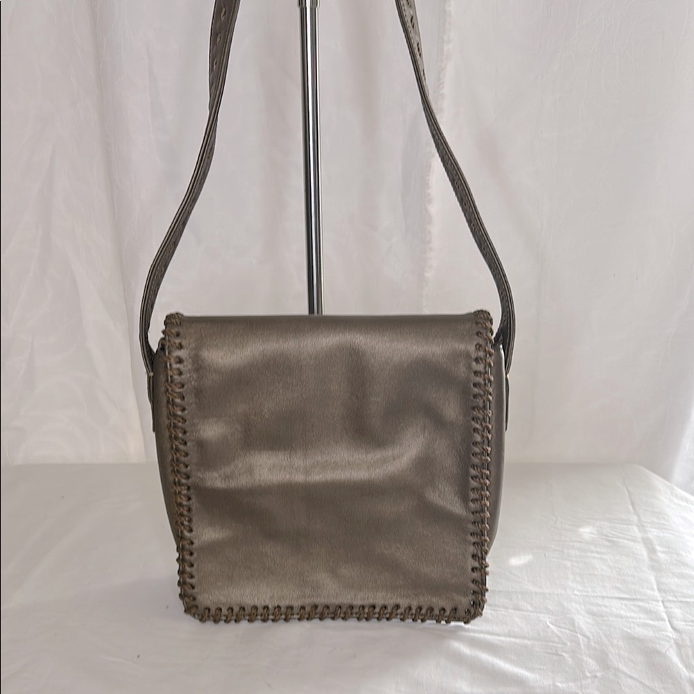 L.J.S. COLLECTION Vintage bronze colored leather braided flap bag.